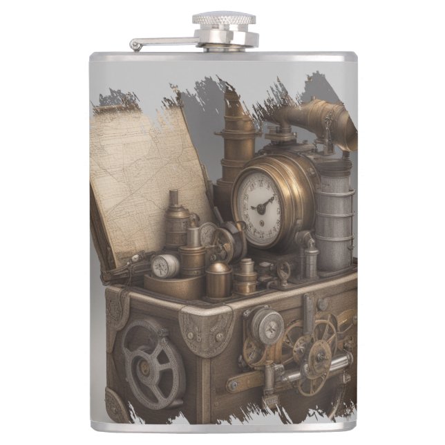 Steampunk Time Machine - Vintage Treasure Chest  Hip Flask (Front)