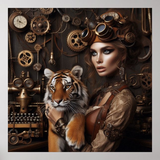 Steampunk -Time Machine Young Girl and Tiger 80-4  Poster (Front)