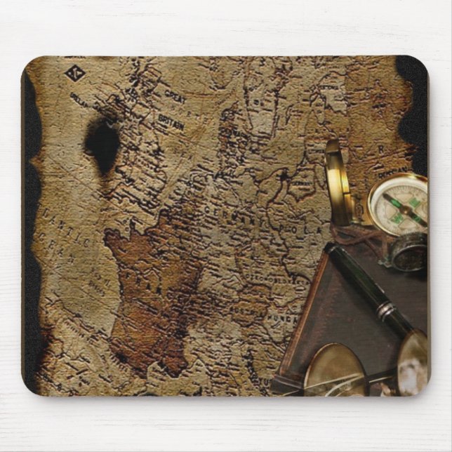 Steampunk time travel accessories, map,compass mouse pad (Front)
