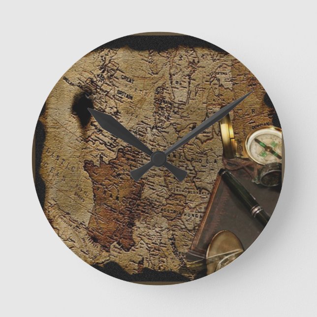 Steampunk time travel accessories, map,compass round clock (Front)