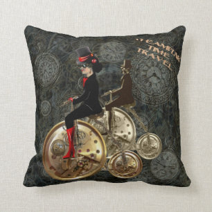 Steampunk time travel, clockwork penny farthing throw pillow