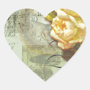 Steampunk Time & Yellow Roses Heart Sticker