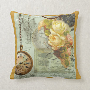 Steampunk Time & Yellow Roses Throw Pillow