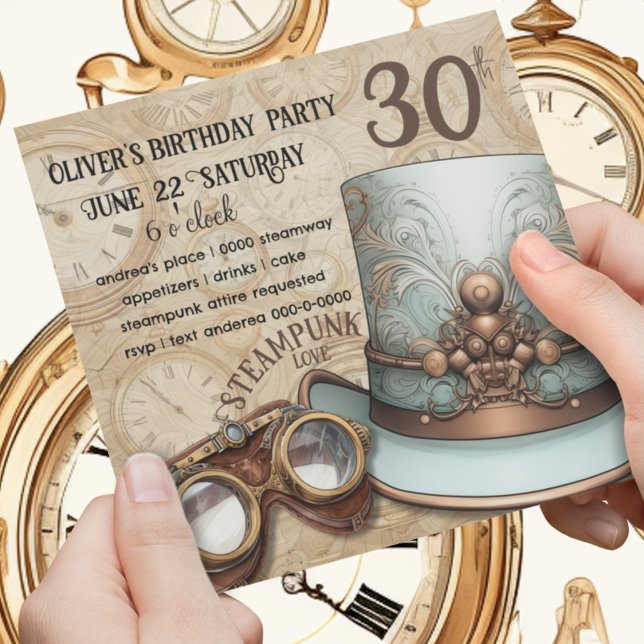 Steampunk Top Hat and Goggles | Aqua and Copper Invitation (Copper and aqua themed steampunk birthday party invitation with top hat and goggles. )