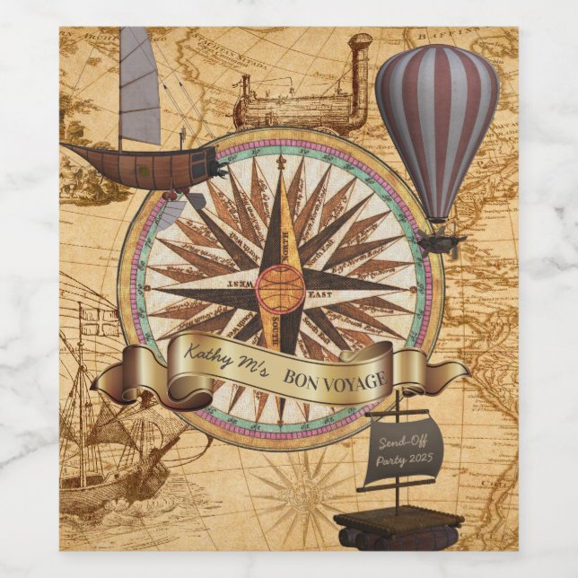 Steampunk Travel Antique Map Compass Adventure Wine Label (Single Label)