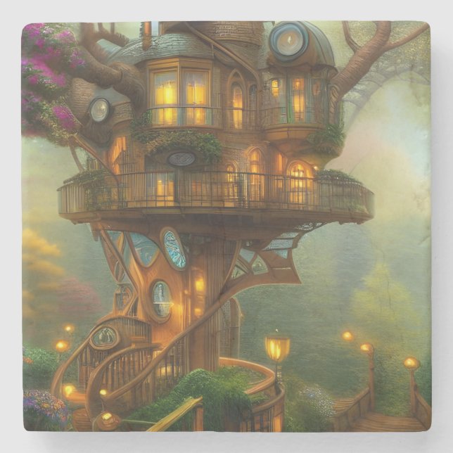Steampunk Treehouse Observatory  Stone Coaster (Front)