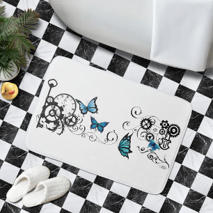 Steampunk Tribal Blue Butterflies Bath Mat