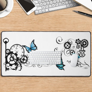 Steampunk Tribal Blue Butterflies  Desk Mat