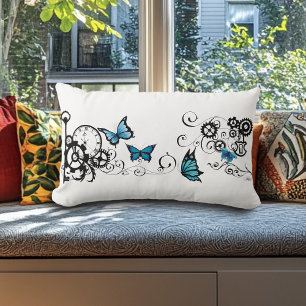 Steampunk Tribal Blue Butterflies Gear Swirl Lumbar Pillow