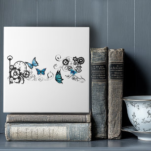 Steampunk Tribal Blue Butterflies  Tile