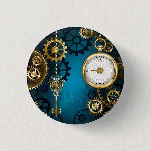 Steampunk turquoise Background with Gears 1 Inch Round Button (Front)