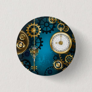 Steampunk turquoise Background with Gears 1 Inch Round Button