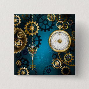 Steampunk turquoise Background with Gears 2 Inch Square Button