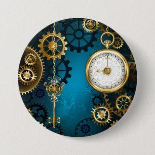 Steampunk turquoise Background with Gears 3 Inch Round Button