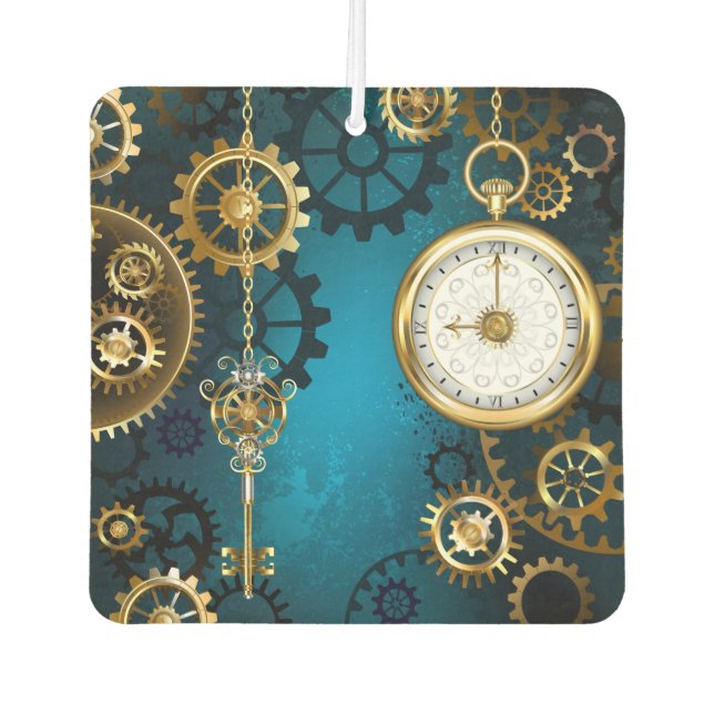 Steampunk turquoise Background with Gears Air Freshener (Front)