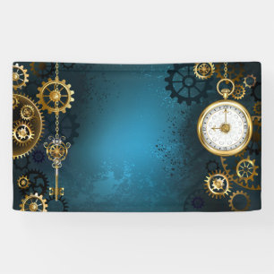 Steampunk turquoise Background with Gears Banner