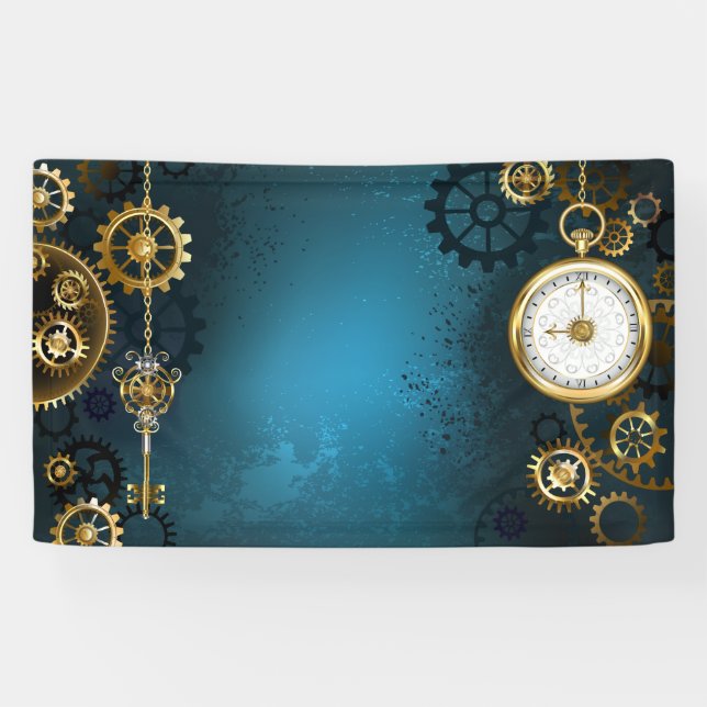 Steampunk turquoise Background with Gears Banner (Horizontal)