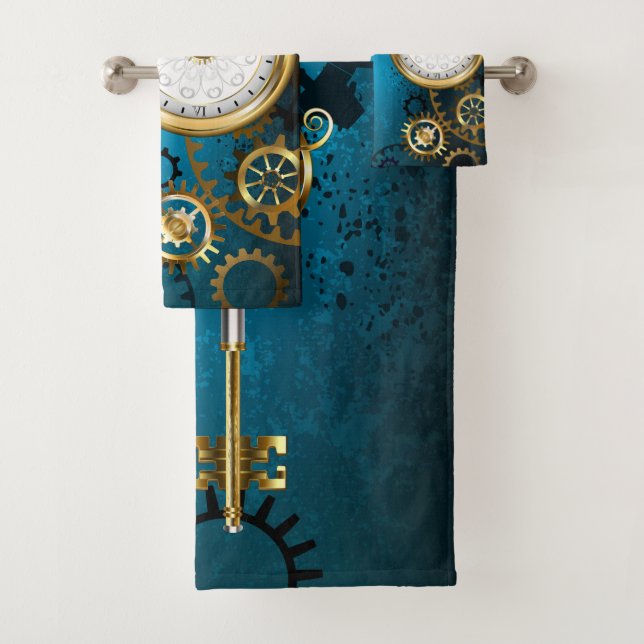 Steampunk turquoise Background with Gears Bath Towel Set (Insitu)