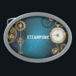 Steampunk turquoise Background with Gears Belt Buckle<br><div class="desc">Turquoise,  textured,  steampunk background with brass and gold gears,  a silver key and the clock. Steampunk style.</div>