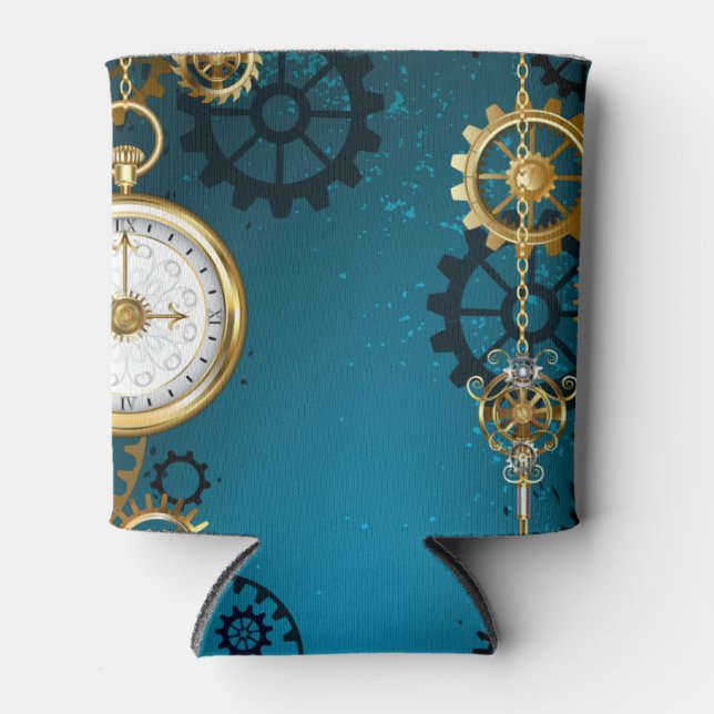 Steampunk turquoise Background with Gears Can Cooler (Front)