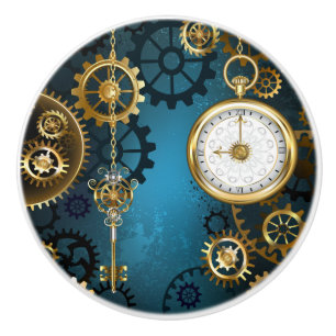 Steampunk turquoise Background with Gears Ceramic Knob