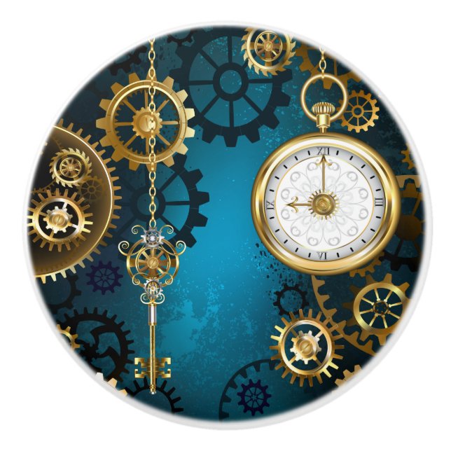 Steampunk turquoise Background with Gears Ceramic Knob (Front)