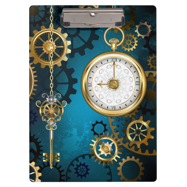 Steampunk turquoise Background with Gears Clipboard (Front)