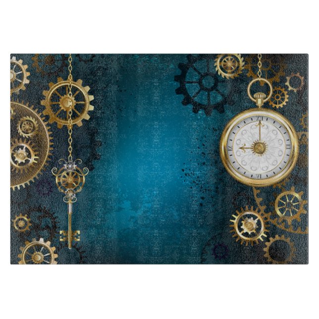 Steampunk turquoise Background with Gears Cutting Board (Front)