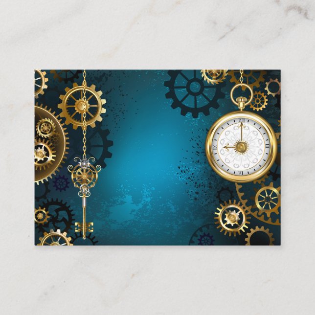 Steampunk turquoise Background with Gears Discount Card (Front)