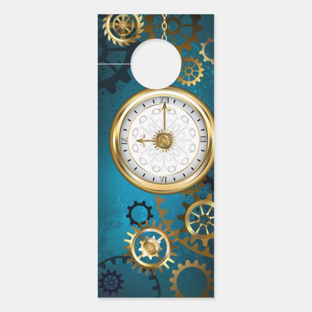 Steampunk turquoise Background with Gears Door Hanger (Front)