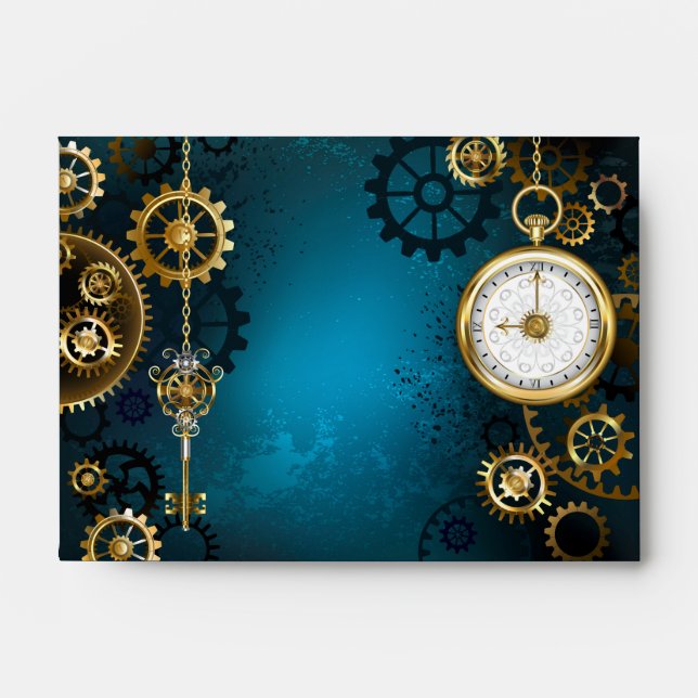 Steampunk turquoise Background with Gears Envelope (Front)