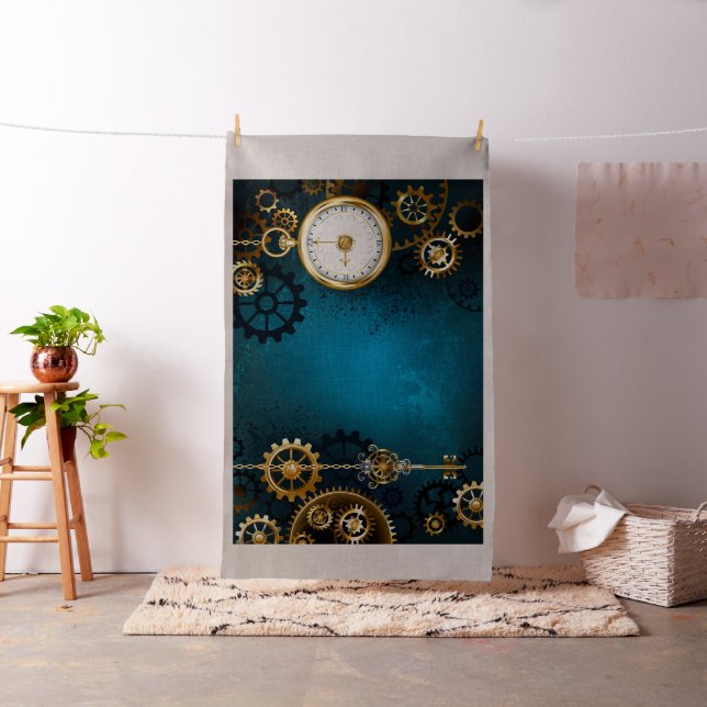 Steampunk turquoise Background with Gears Fabric (In Situ)