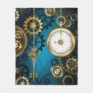 Steampunk turquoise Background with Gears Fleece Blanket