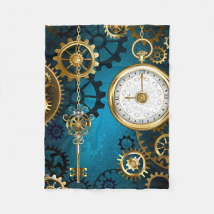 Steampunk turquoise Background with Gears Fleece Blanket