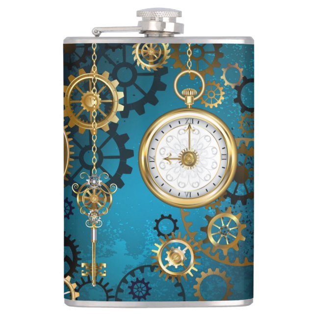 Steampunk turquoise Background with Gears Hip Flask (Front)
