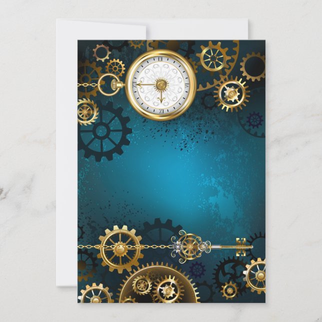 Steampunk turquoise Background with Gears Holiday Card (Front)