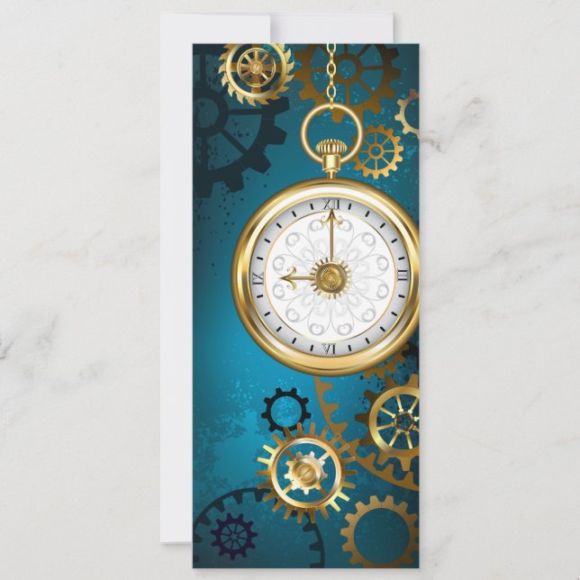 Steampunk turquoise Background with Gears Holiday Card (Front)