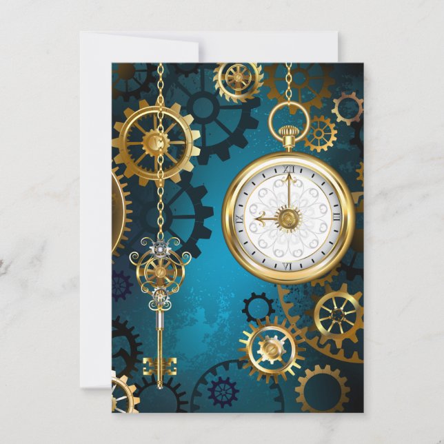 Steampunk turquoise Background with Gears Invitation (Front)