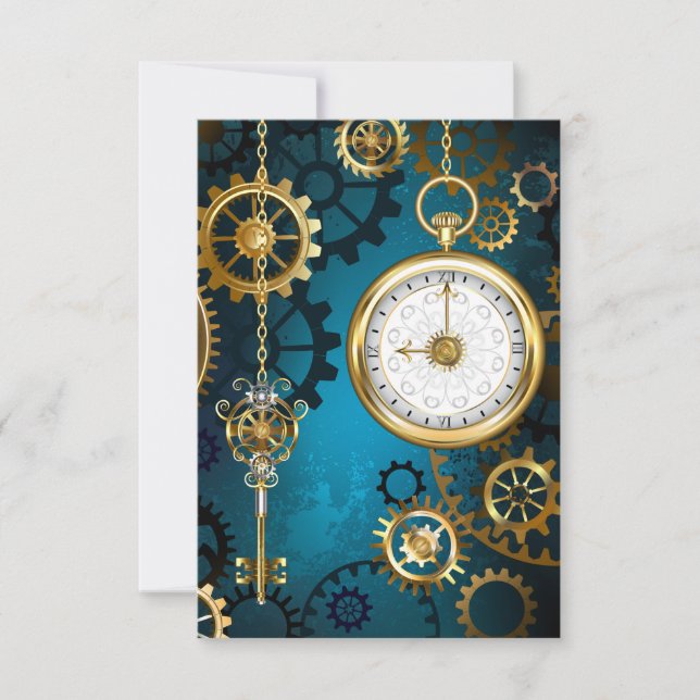 Steampunk turquoise Background with Gears Invitation (Front)