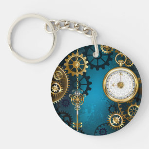 Steampunk turquoise Background with Gears Keychain