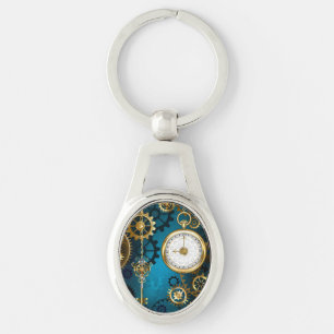 Steampunk turquoise Background with Gears Keychain