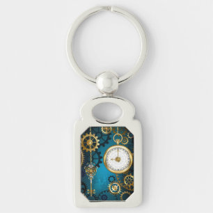 Steampunk turquoise Background with Gears Keychain