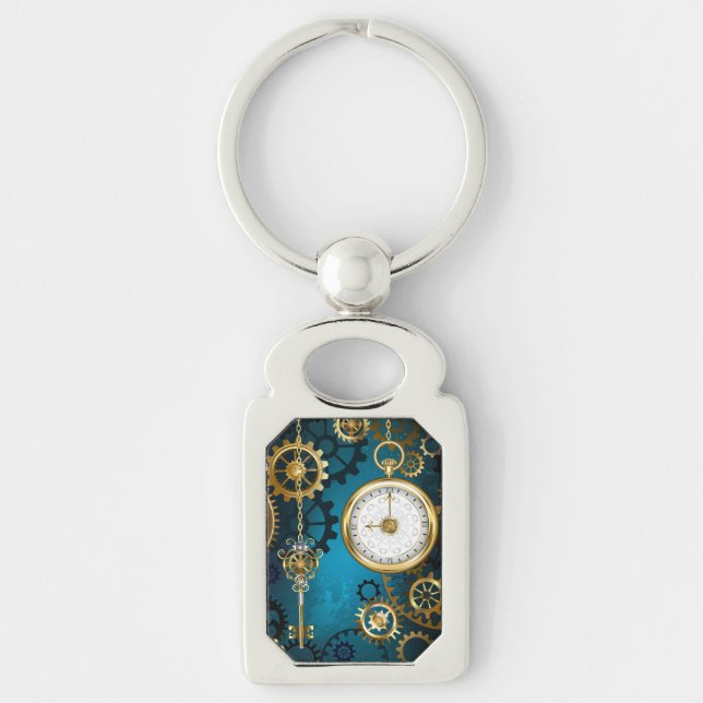 Steampunk turquoise Background with Gears Keychain (Front)
