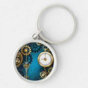 Steampunk turquoise Background with Gears Keychain
