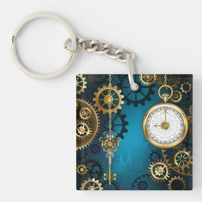 Steampunk turquoise Background with Gears Keychain (Front)