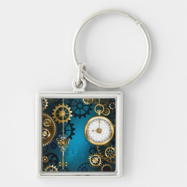 Steampunk turquoise Background with Gears Keychain (Front)