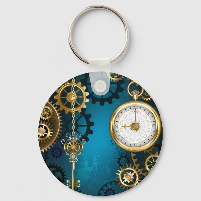 Steampunk turquoise Background with Gears Keychain (Front)