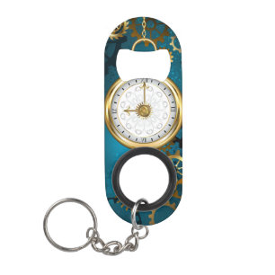 Steampunk turquoise Background with Gears Keychain Bottle Opener