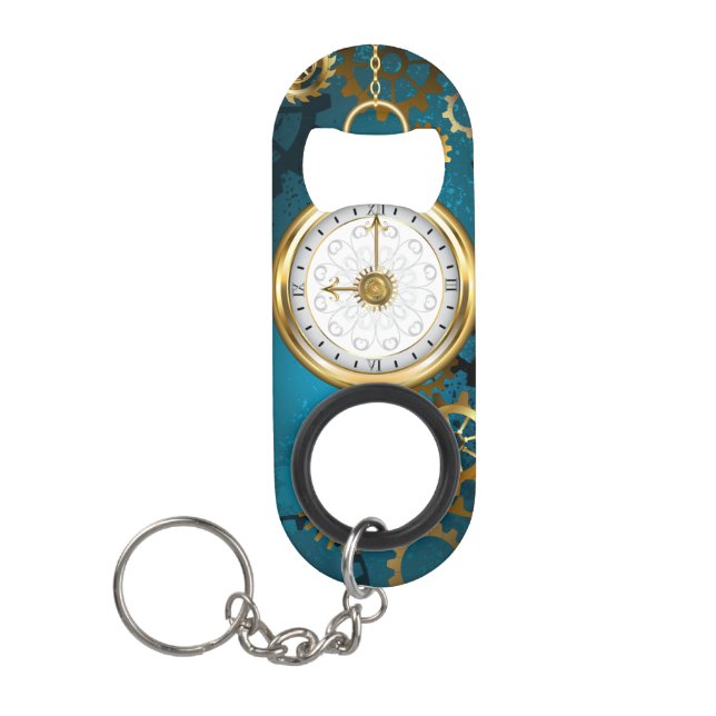 Steampunk turquoise Background with Gears Keychain Bottle Opener (Front)