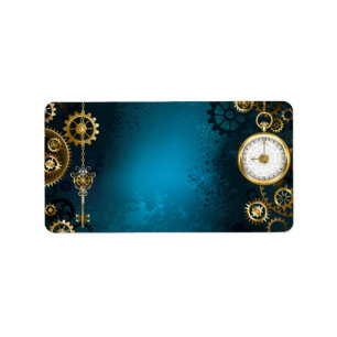 Steampunk turquoise Background with Gears Label